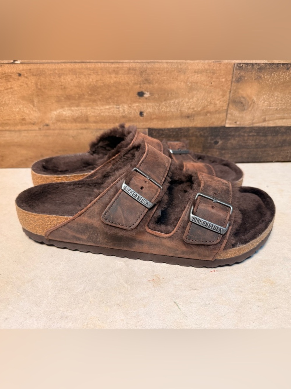 NEW Birkenstock Arizona Shearling Leather Mocha Sandals Slip On Slides 42 HK